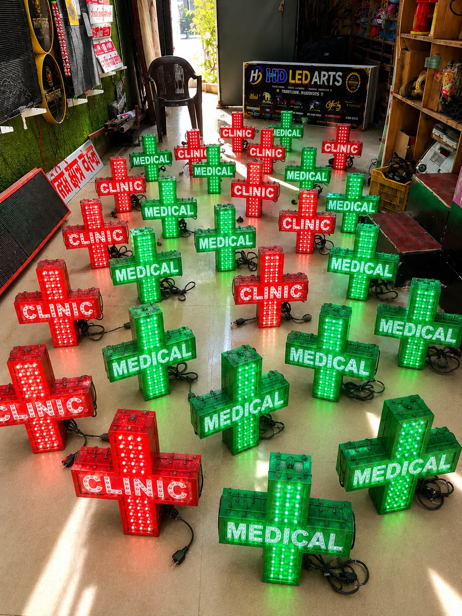Medical plus sign LED crosses being tested at the LED Arts workshop in Aurangabad, Chhatrapati Sambhajinagar