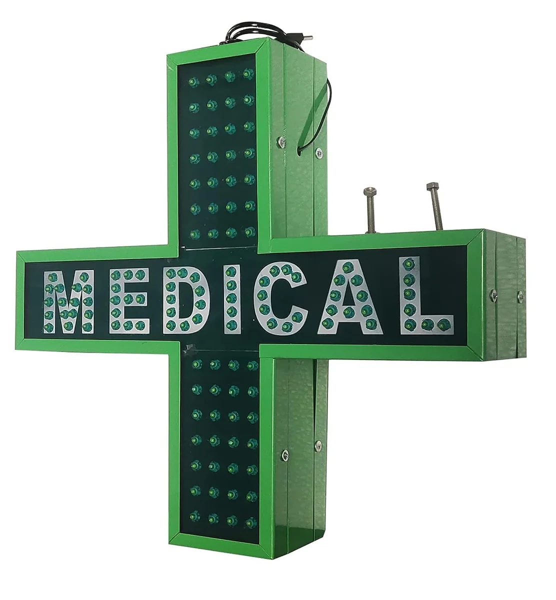 Angled view of the green LED medical plus sign showing the depth of the cross body