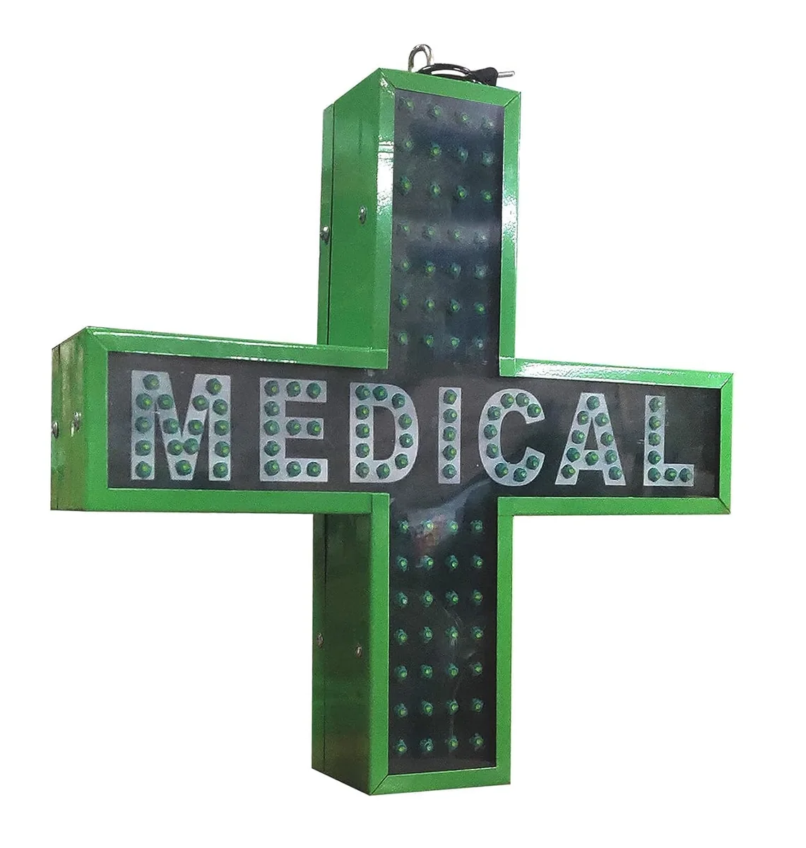 Green LED cross with bright MEDICAL text used for pharmacy signage across Maharashtra